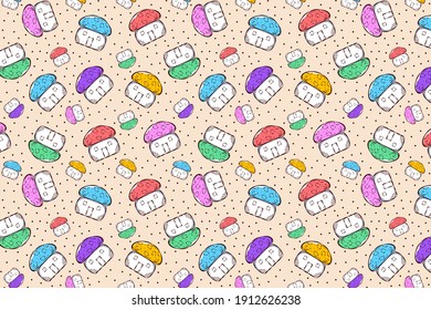 Seamless doodle pattern with home mushrooms and polka dot elements on soft brown background. Beautiful autumn illustration in vector.