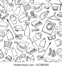 Seamless doodle pattern of house cleaning icons
