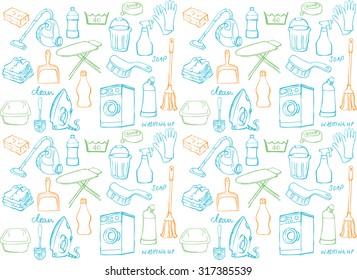 Seamless doodle pattern of house cleaning icons