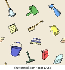 Seamless doodle pattern of house cleaning icons. Clean symbols, tools, Detergent, broom, sponge, dust pan, brush, bleach, duster, washing liquid, vacuum cleaner, doodle icons, sketch House cleaning