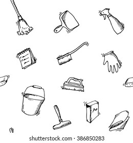 Seamless doodle pattern of house cleaning icons