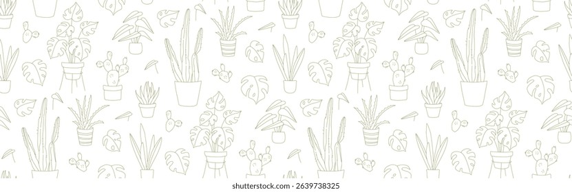 Seamless Doodle Pattern of Houseplants in Pots Line Art Monstera, Cactus, Aloe. Hand Drawn Indoor Plant Pattern Botanical. Minimal Seamless Pattern green and White Botanical Doodle Design