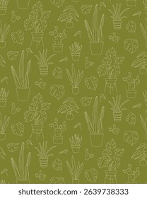 Seamless Doodle Pattern of Houseplants in Pots Line Art Monstera, Cactus, Aloe. Hand Drawn Indoor Plant Pattern Botanical. Minimal Seamless Pattern green and White Botanical Doodle Design