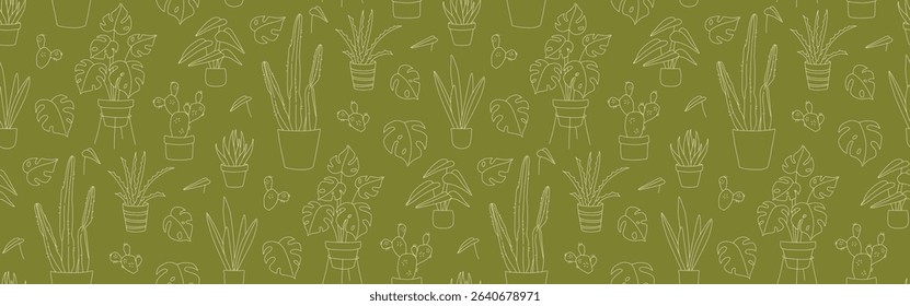 Seamless Doodle Pattern of Houseplants in Pots Line Art Monstera, Cactus, Aloe. Hand Drawn Indoor Plant Pattern Botanical. Minimal Seamless Pattern green and White Botanical Doodle Design
