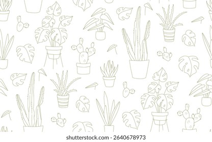 Seamless Doodle Pattern of Houseplants in Pots Line Art Monstera, Cactus, Aloe. Hand Drawn Indoor Plant Pattern Botanical. Minimal Seamless Pattern green and White Botanical Doodle Design