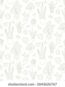 Seamless Doodle Pattern of Houseplants in Pots Line Art Monstera, Cactus, Aloe. Hand Drawn Indoor Plant Pattern Botanical. Minimal Seamless Pattern green and White Botanical Doodle Design