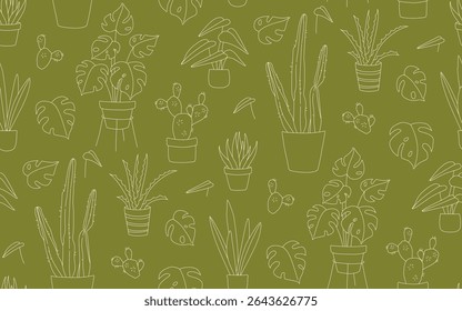 Seamless Doodle Pattern of Houseplants in Pots Line Art Monstera, Cactus, Aloe. Hand Drawn Indoor Plant Pattern Botanical. Minimal Seamless Pattern green and White Botanical Doodle Design