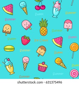 Seamless doodle pattern with ice cream, desserts, fruit and cakes