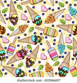 Seamless doodle pattern with ice cream in a waffle horn with orange, chocolate, mint, sweet heart. Hand drawn illustration