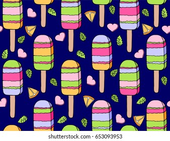 Seamless doodle pattern with ice cream, orange, mint, sweet heart. Hand drawn illustration. Dark blue background