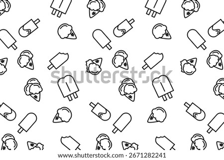 Seamless doodle pattern of ice cream cones and popsicles in black and white, ideal for summer designs, packaging, and playful backgrounds.