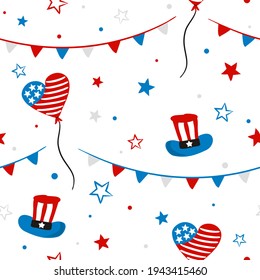 Seamless doodle pattern for Independence Day USA. Background of hand-drawn elements for July 4th in the national colors of the United States of America. Vector illustration for a festive decoration.