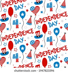 Seamless doodle pattern for Independence Day USA. Background of hand-drawn elements for July 4th in the national colors of the United States of America. Vector illustration for a festive decoration.