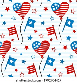 Seamless doodle pattern for Independence Day USA. Background of hand-drawn elements for July 4th in the national colors of the United States of America. Vector illustration for a festive decoration.