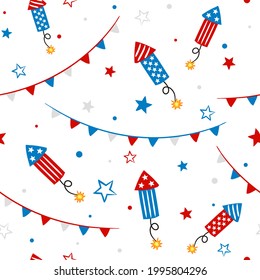 Seamless doodle pattern for Independence Day USA. Background of hand-drawn petard for July 4th in the national colors of the United States of America. Vector illustration for a festive decoration.