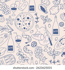 Padrão de rabiscar sem costura inspirado em la dolce vita e cozinha mediterrânea. Azul em branco desenhado à mão ilustrações vetoriais de pratos italianos. Perfeito para arte de parede, convites, menus e impressão de decoração