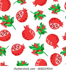 Seamless doodle pattern with isolated pomegranate and branches ornament. Green and red bright summer fresh print on white background. For fabric design, textile, wrapping, cover. Vector illustration