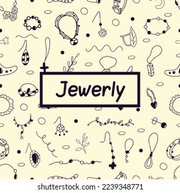 Patrón de doodle sin fisuras con joyería. Líneas oscuras en un fondo amarillo pálido. Textura para textil o envoltura.
