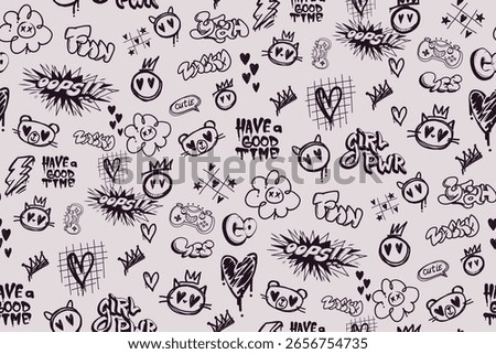 Seamless doodle pattern with kawaii cat and bear faces, hand drawn gaming controllers, hearts, crowns, stars, and words like Oops, Girl PWR, Have a Good Time. Teen girl sketch style, light background