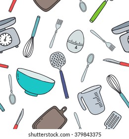 seamless doodle pattern. kitchen accessories and tools. vector illustration