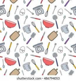 seamless doodle pattern. kitchen accessories and tools. vector illustration