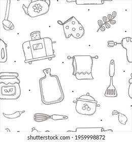 Seamless Doodle Pattern with Kitchen Tools and Cooking Equipment in Sketch style.Hand Drawn Line Cuisine Accessories.Isolated on white background.