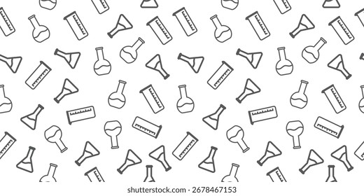 Nahtloses Doodle-Muster aus Laborglas, Fläschchen, Bechergläsern und Messzylindern, perfekt für Designs zu Wissenschaft, Bildung und Forschung.
