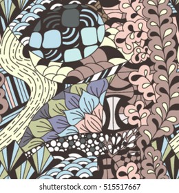 Seamless doodle pattern with leaves and abstract objects, zen-tangle. Decorative hand drawn background.