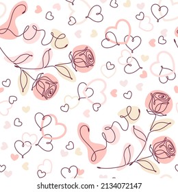 Seamless doodle pattern with linear romantic symbols and abstract shapes of pastel colors. Decoration for Wedding, Valentine day, Engagement events.