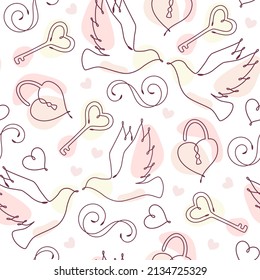 Seamless doodle pattern with linear romantic symbols and abstract shapes of pastel colors. Decoration for Wedding, Valentine day, Engagement events.