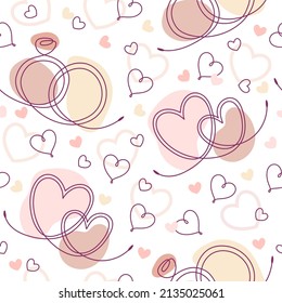 Seamless doodle pattern with linear romantic symbols and abstract shapes of pastel colors. Decoration for Wedding, Valentine day, Engagement events.