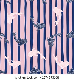 Seamless doodle pattern with little whale shark silhouettes. Pink and navy blue striped background. Perfect for fabric design, textile print, wrapping, cover. Vector illustration.