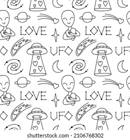 Seamless doodle pattern with loving aliens, UFOs, space. Background with contour drawings of planets, stars, flying saucer, heart, love, comet, humanoid