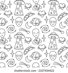 Seamless doodle pattern with loving aliens, UFOs, space. Background with contour drawings of planets, stars, flying saucer, heart, love, comet, humanoid