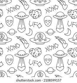 Seamless doodle pattern with loving aliens, UFOs, space. Background with contour drawings of planets, stars, flying saucer, heart, love, comet, humanoid
