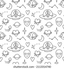 Seamless doodle pattern with loving aliens, UFOs, space. Background with contour drawings of planets, stars, flying saucer, heart, love, comet, humanoid