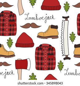 seamless doodle pattern. lumberjack. vector illustration