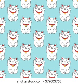 seamless doodle pattern. maneki neko. vector illustration