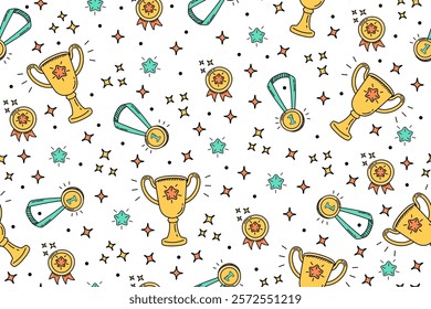 Seamless doodle pattern with medals and winner cups. Children's background for diplomas and sports certificates.