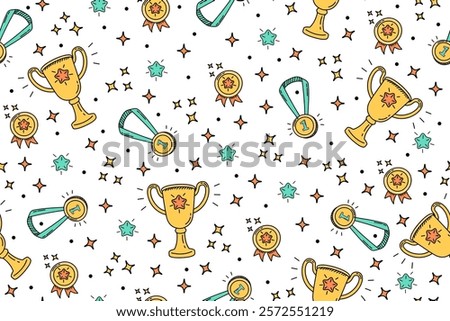 Seamless doodle pattern with medals and winner cups. Children's background for diplomas and sports certificates.