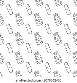 Seamless doodle pattern with medical elements. Vector illustration.