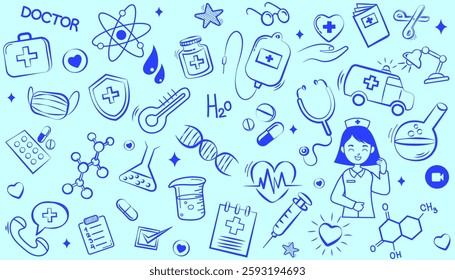 Seamless doodle pattern of medical and nursing equipment, featuring stethoscope, syringe, pills, ambulance, nurse, and healthcare symbols. Ideal for backgrounds, wallpapers, and medical-themed designs
