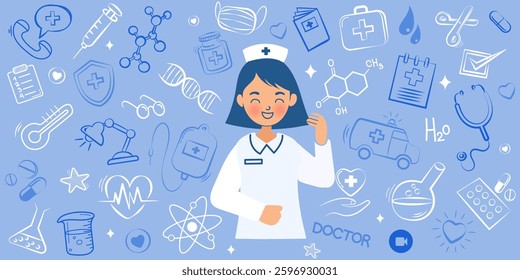 Seamless doodle pattern of medical and nursing equipment, featuring stethoscope, syringe, pills, ambulance, nurse, and healthcare symbols. Ideal for backgrounds, wallpapers, and medical-themed designs