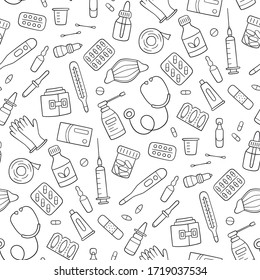 Seamless doodle pattern with medications, drugs, pills, bottles and health care medical elements. Hand drawn vector illustration on white background