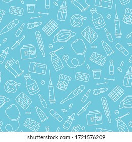 Seamless doodle pattern with medications, drugs, pills, bottles and health care medical elements. Hand drawn vector illustration on blue background