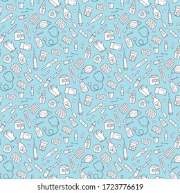 Seamless doodle pattern with medications, drugs, pills, bottles and health care medical elements. Hand drawn vector illustration on blue background