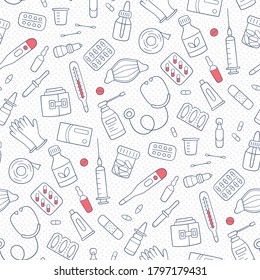 Seamless doodle pattern with medications, drugs, pills, bottles and health care medical elements. Hand drawn vector illustration