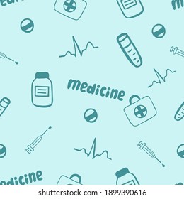 Seamless doodle pattern with medications, drugs, pills, bottles and health care medical elements. Hand drawn outline doodle pattern with lettering on green background.