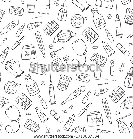 Seamless doodle pattern with medications, drugs, pills, bottles and health care medical elements. Hand drawn vector illustration on white background