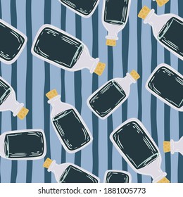 Seamless doodle pattern in medicine style. Bottle shapes with dark grey liquids. Blue striped background. Perfect for fabric design, textile print, wrapping, cover. Vector illustration.